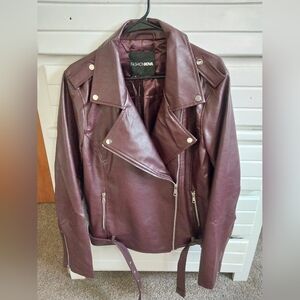 Fashion Nova Burgandy Faux Vegan Leather Jacket Asymmetrical Zipper Belted